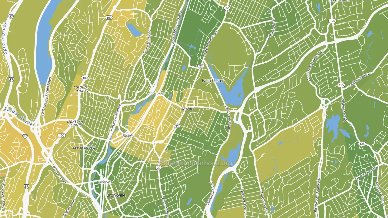 Map of the best neighborhoods in the 10709 area, with better matches in green and worse matches in red