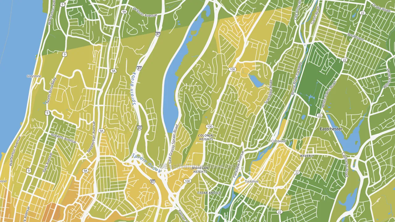 Map of the best neighborhoods in the 10710 area, with better matches in green and worse matches in red