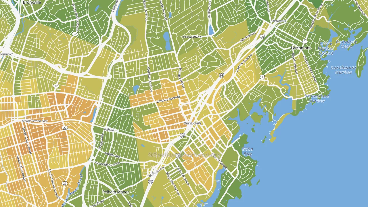 Map of the best neighborhoods in the 10801 area, with better matches in green and worse matches in red