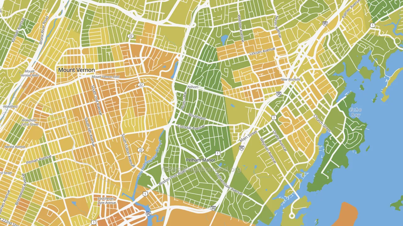 Map of the best neighborhoods in the 10803 area, with better matches in green and worse matches in red