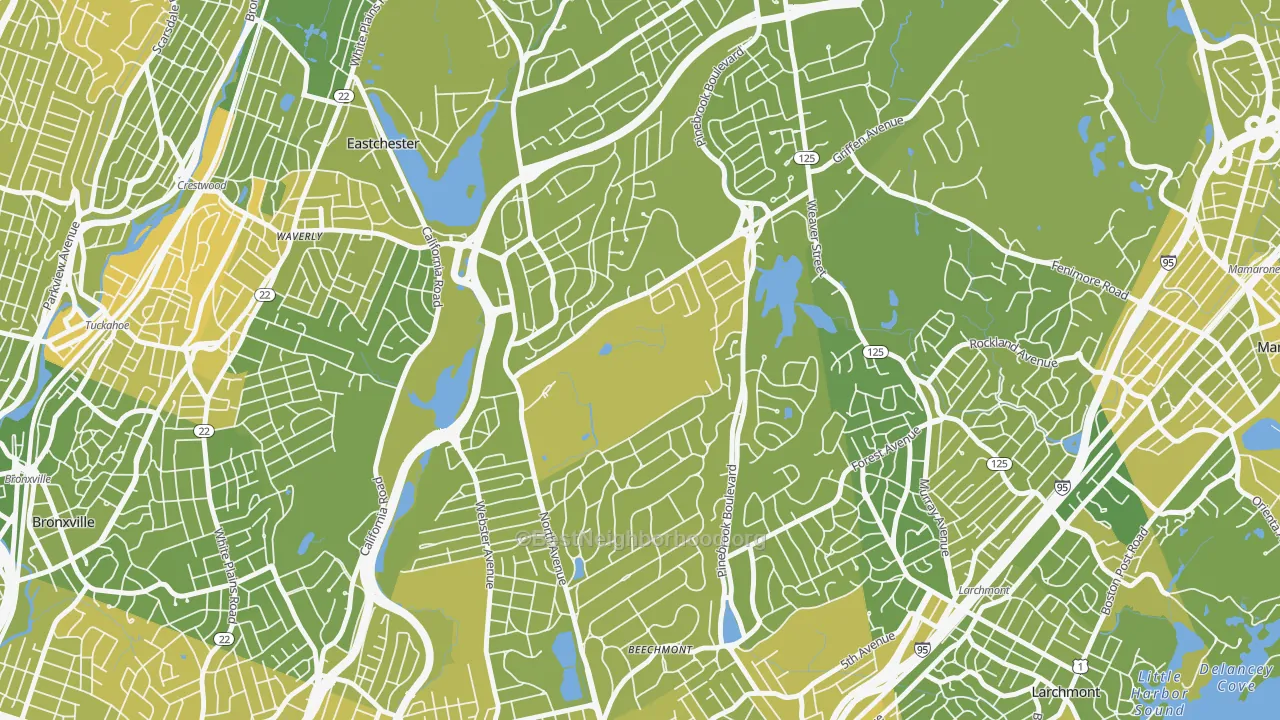 Map of the best neighborhoods in the 10804 area, with better matches in green and worse matches in red