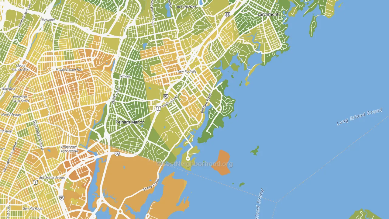 Map of the best neighborhoods in the 10805 area, with better matches in green and worse matches in red