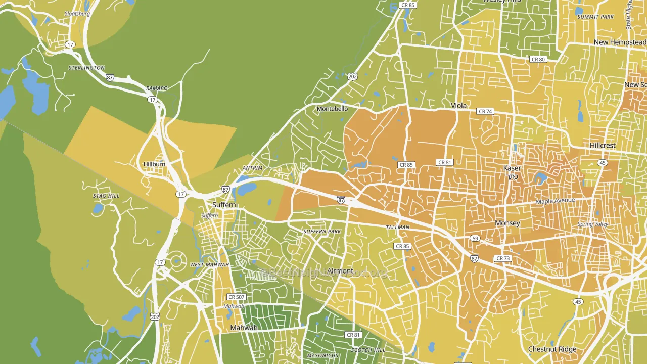 Map of the best neighborhoods in the 10901 area, with better matches in green and worse matches in red