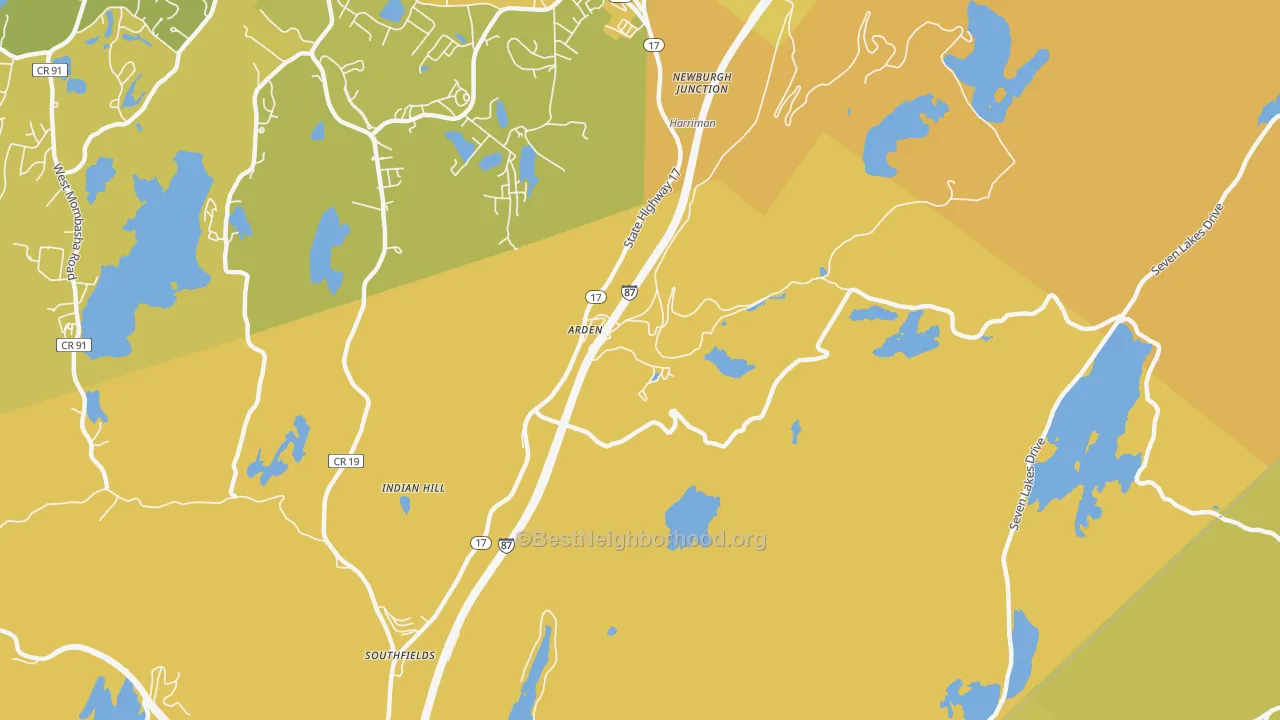 Map of the best neighborhoods in the 10910 area, with better matches in green and worse matches in red