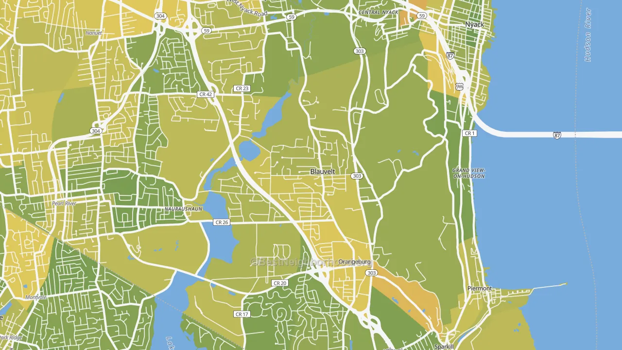 Map of the best neighborhoods in the 10913 area, with better matches in green and worse matches in red