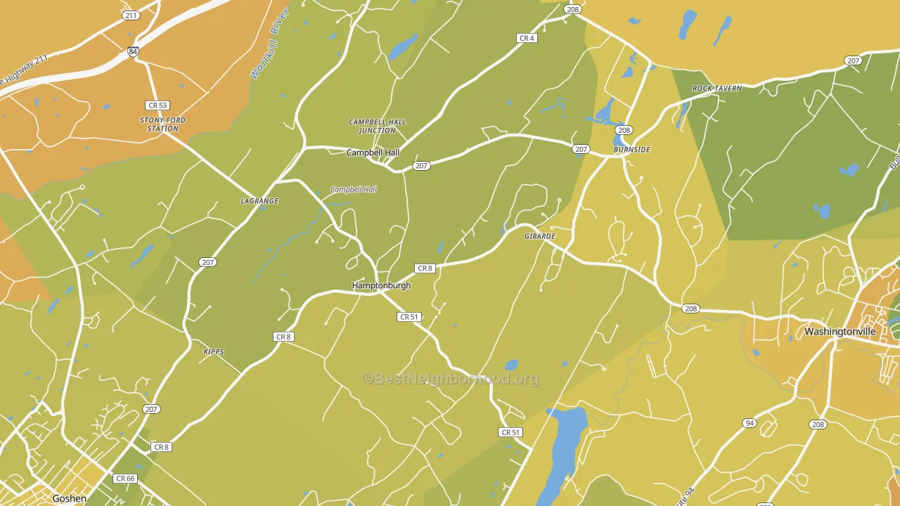 Map of the best neighborhoods in the 10916 area, with better matches in green and worse matches in red