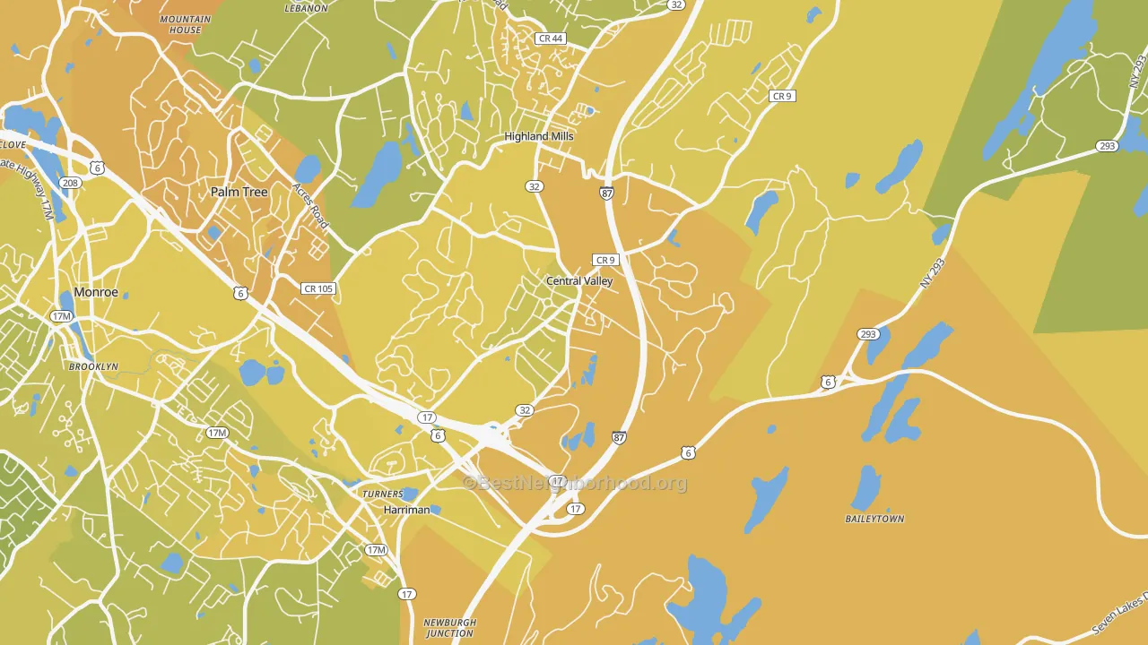 Map of the best neighborhoods in the 10917 area, with better matches in green and worse matches in red