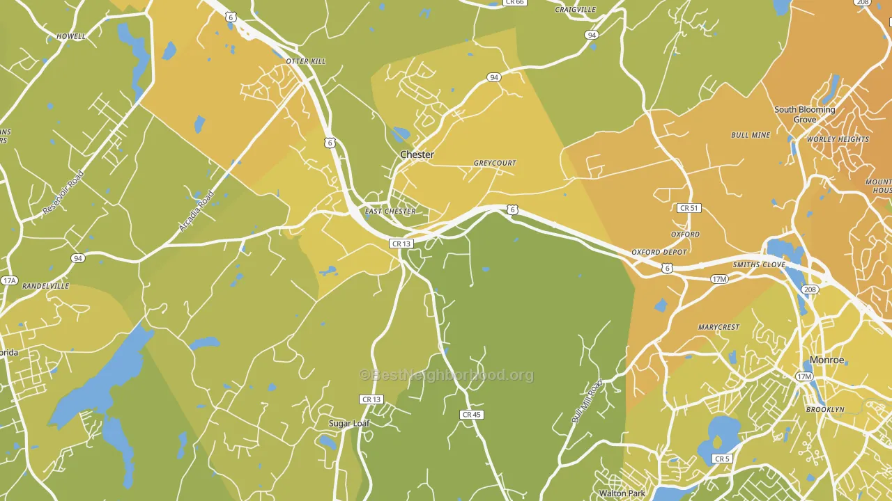Map of the best neighborhoods in the 10918 area, with better matches in green and worse matches in red