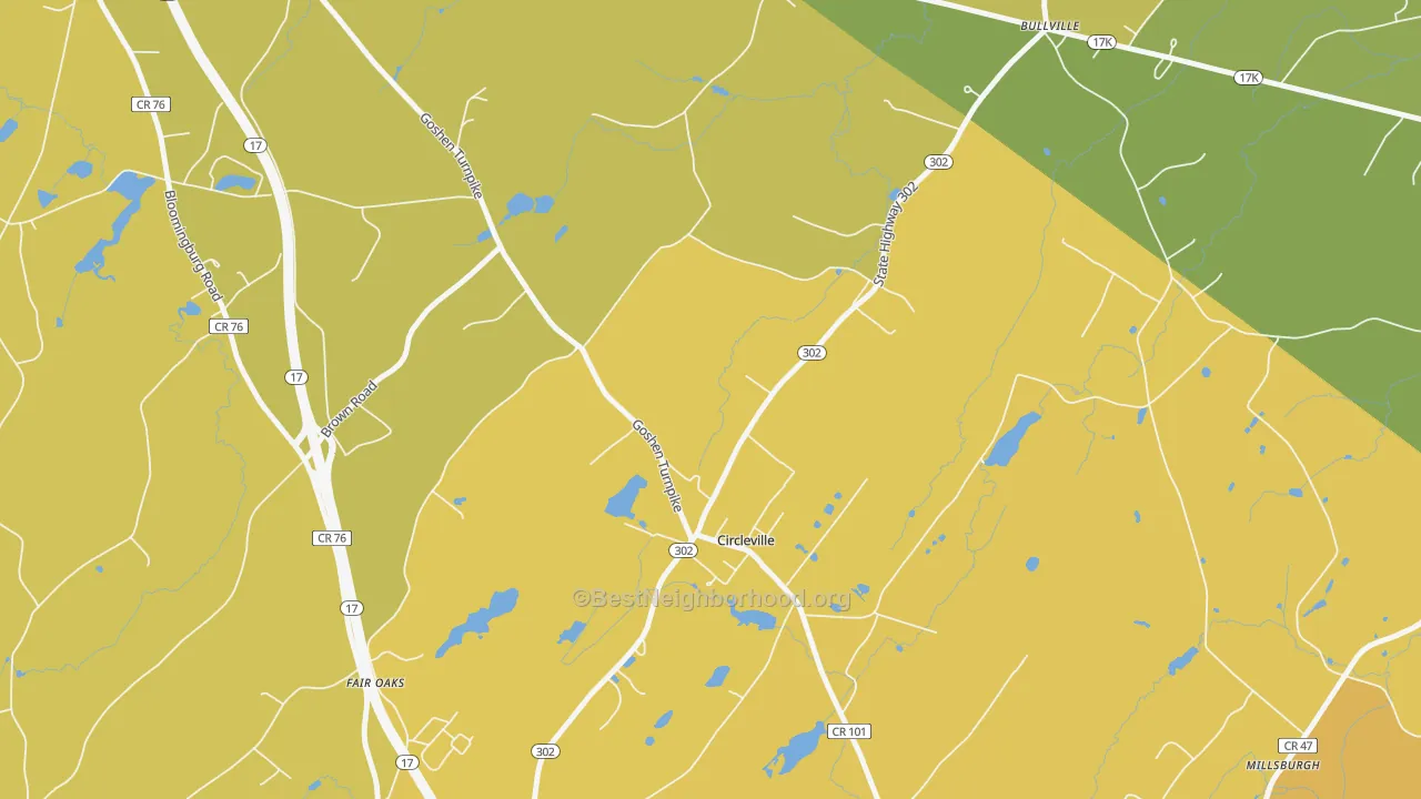 Map of the best neighborhoods in the 10919 area, with better matches in green and worse matches in red