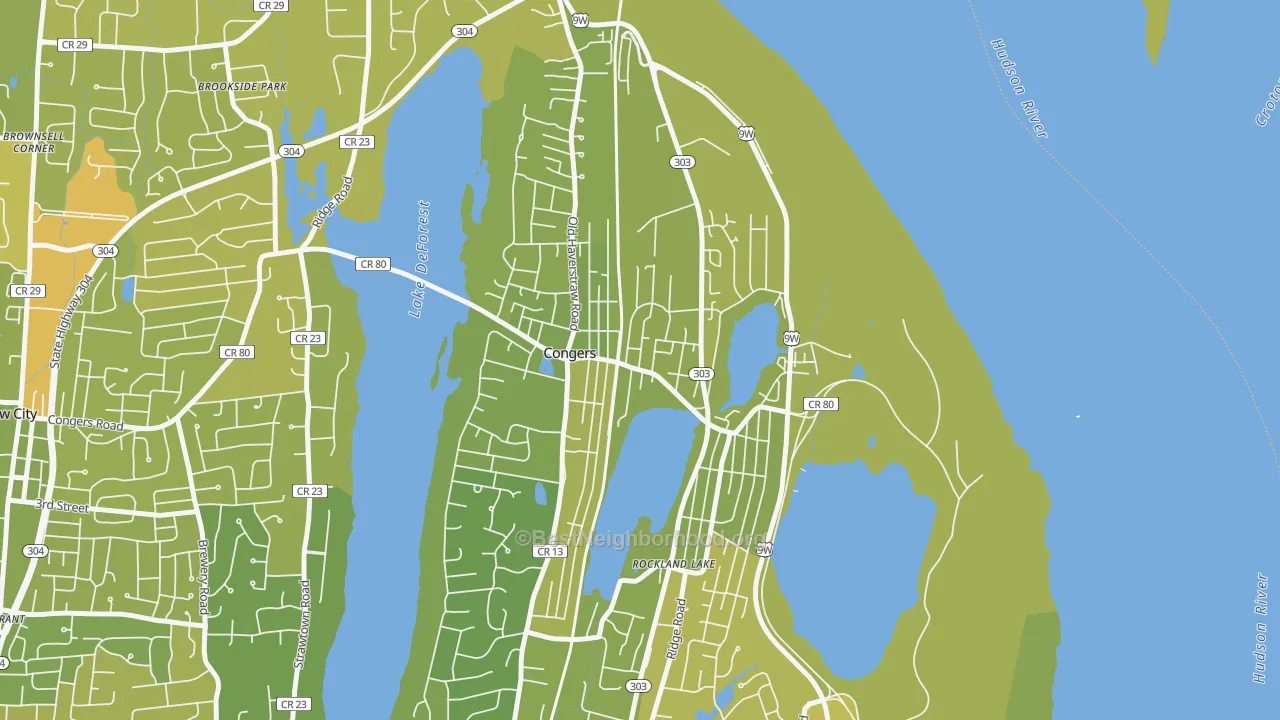 Map of the best neighborhoods in the 10920 area, with better matches in green and worse matches in red