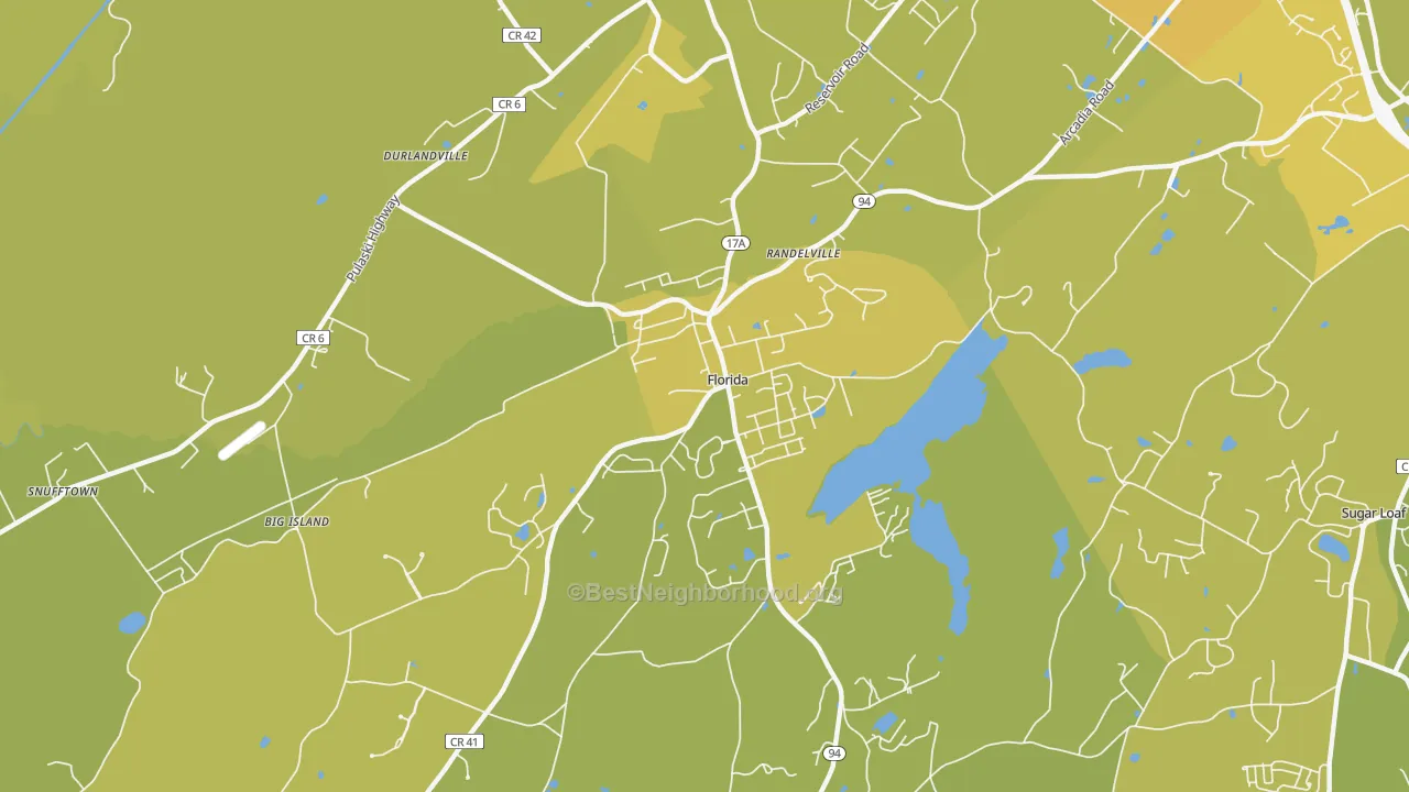 Map of the best neighborhoods in the 10921 area, with better matches in green and worse matches in red