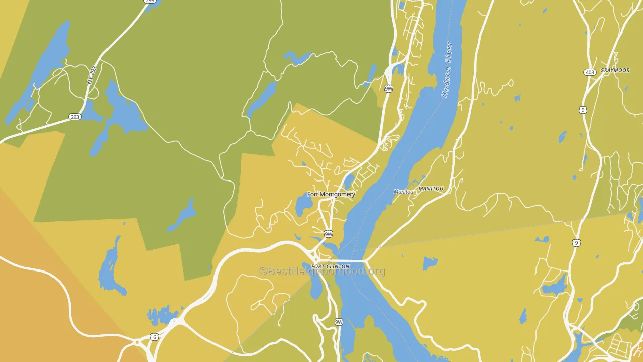 Map of the best neighborhoods in the 10922 area, with better matches in green and worse matches in red