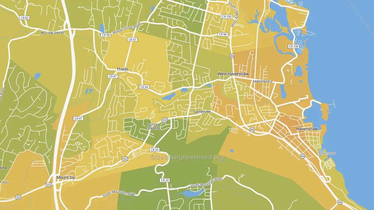 Map of the best neighborhoods in the 10923 area, with better matches in green and worse matches in red