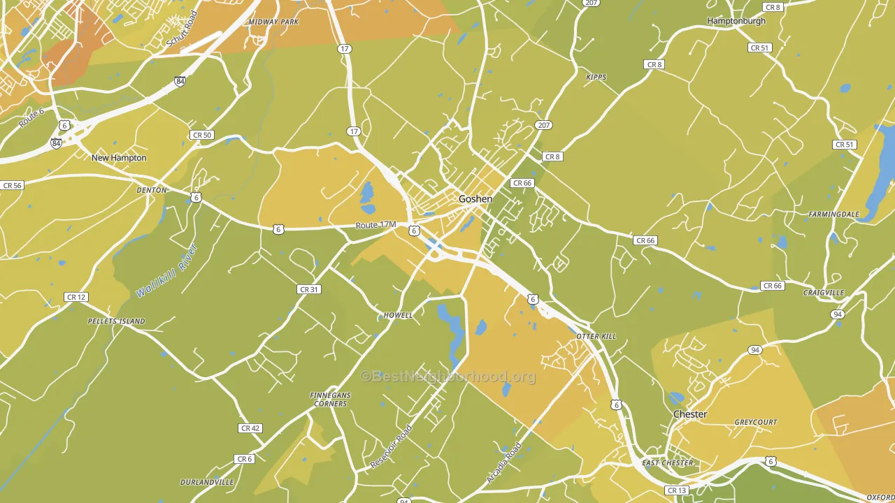 Map of the best neighborhoods in the 10924 area, with better matches in green and worse matches in red