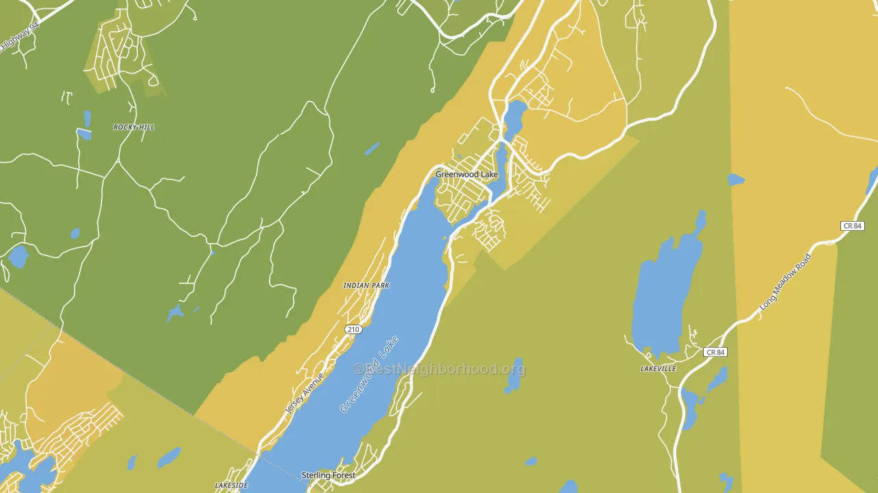 Map of the best neighborhoods in the 10925 area, with better matches in green and worse matches in red