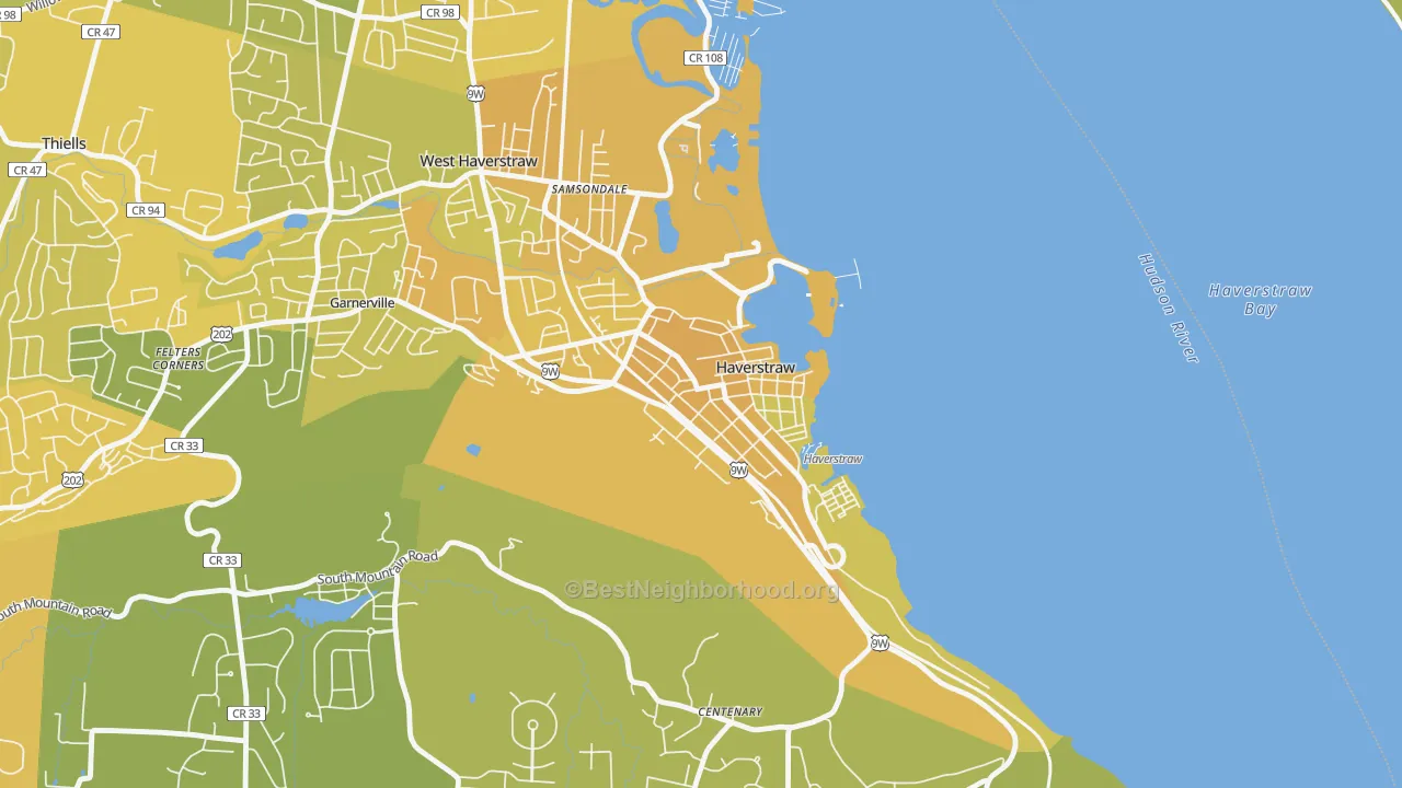 Map of the best neighborhoods in the 10927 area, with better matches in green and worse matches in red