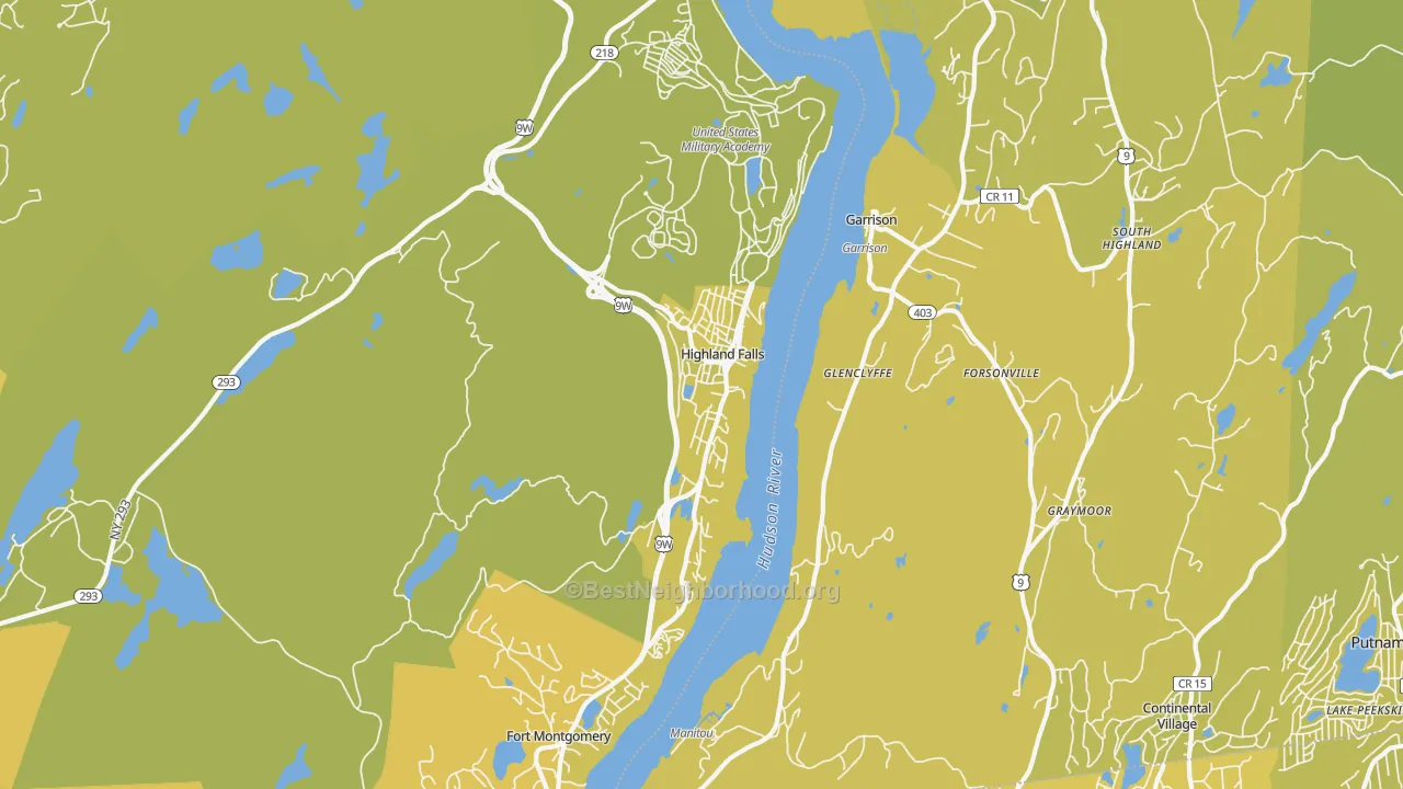 Map of the best neighborhoods in the 10928 area, with better matches in green and worse matches in red