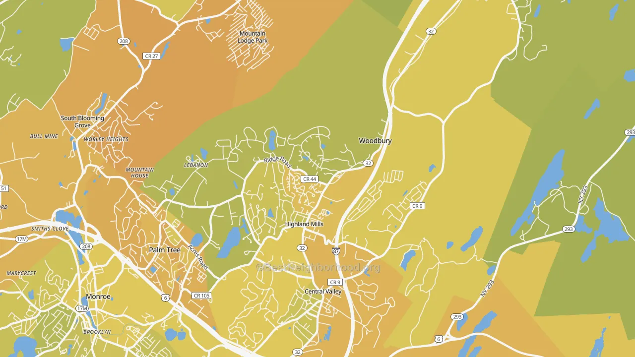 Map of the best neighborhoods in the 10930 area, with better matches in green and worse matches in red