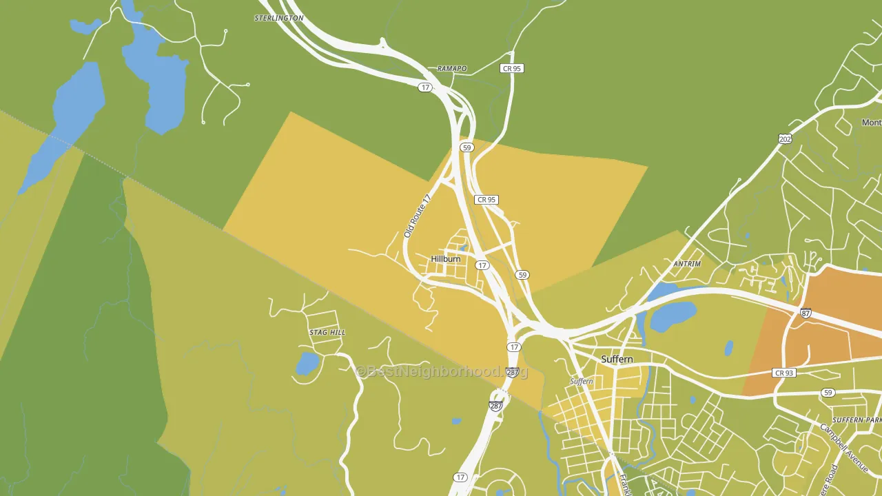 Map of the best neighborhoods in the 10931 area, with better matches in green and worse matches in red