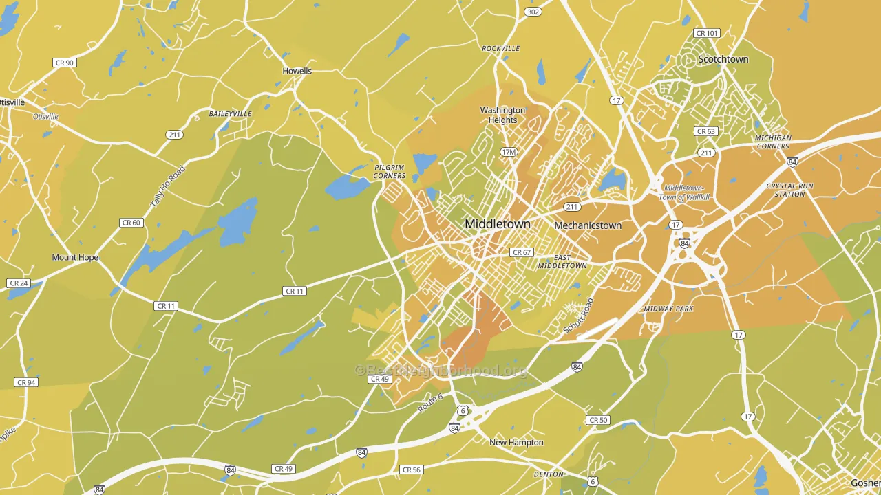 Map of the best neighborhoods in the 10940 area, with better matches in green and worse matches in red