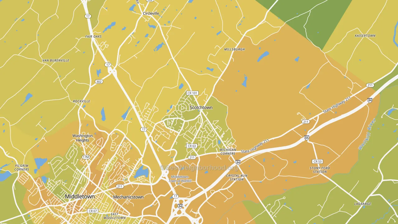 Map of the best neighborhoods in the 10941 area, with better matches in green and worse matches in red