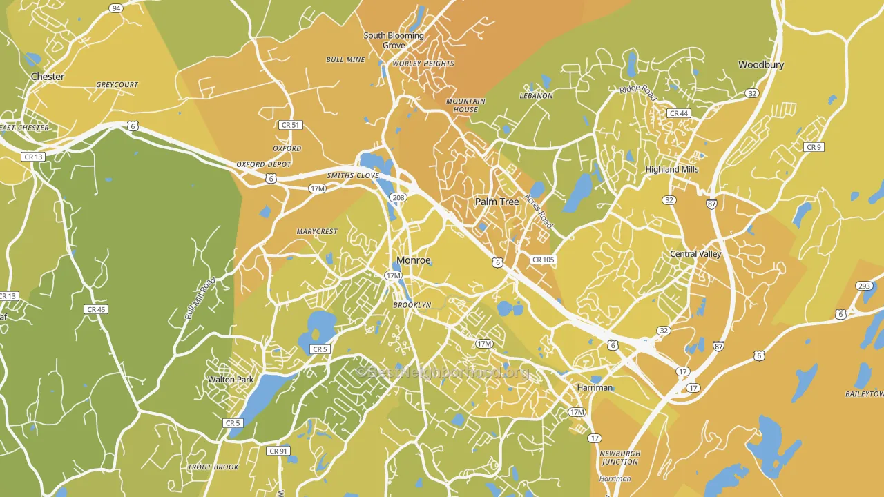 Map of the best neighborhoods in the 10950 area, with better matches in green and worse matches in red