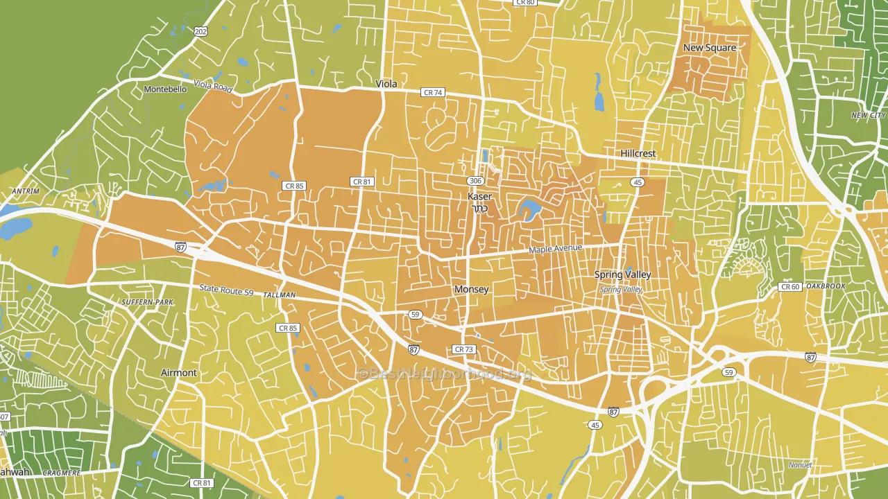 Map of the best neighborhoods in the 10952 area, with better matches in green and worse matches in red