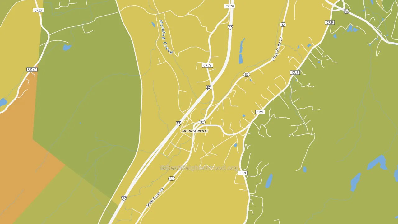 Map of the best neighborhoods in the 10953 area, with better matches in green and worse matches in red