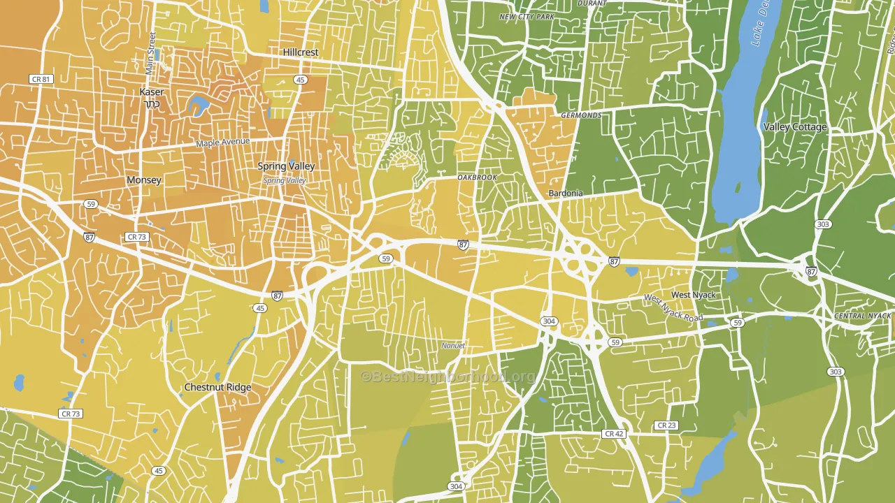 Map of the best neighborhoods in the 10954 area, with better matches in green and worse matches in red