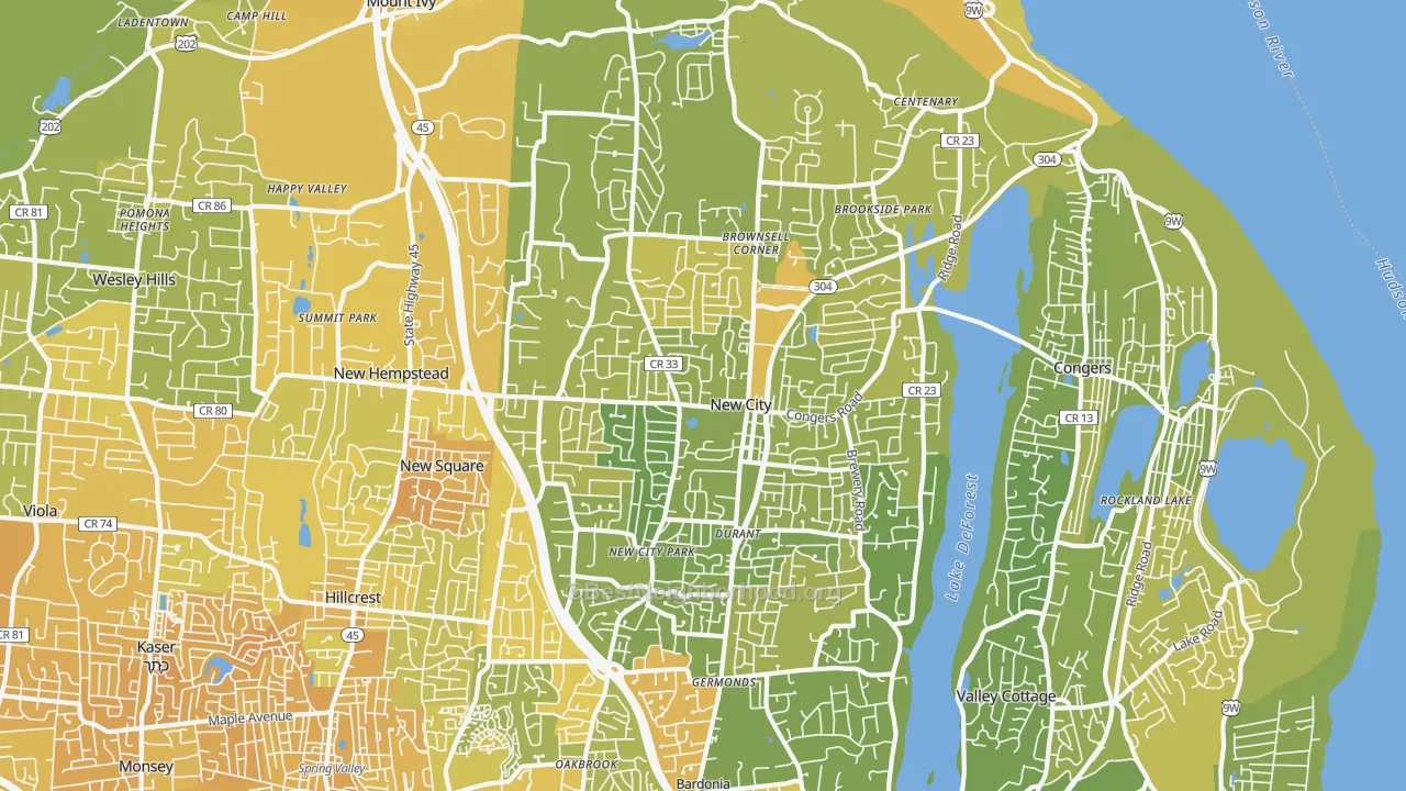 Map of the best neighborhoods in the 10956 area, with better matches in green and worse matches in red