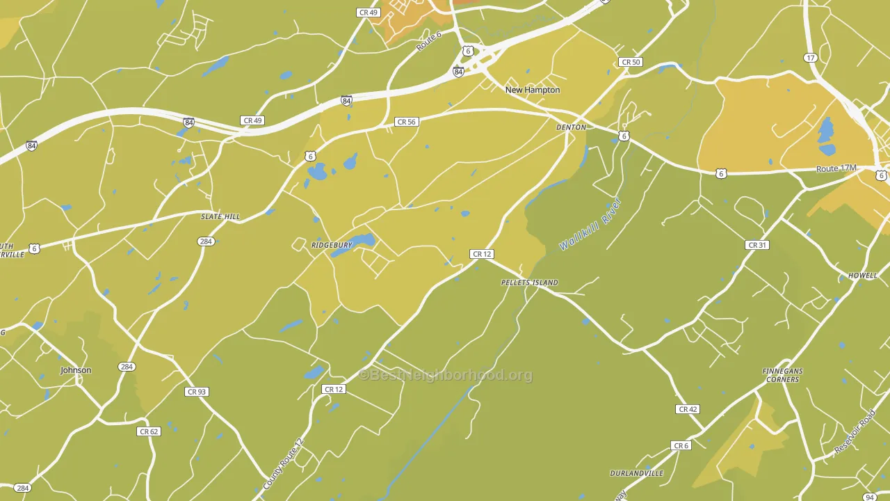Map of the best neighborhoods in the 10958 area, with better matches in green and worse matches in red
