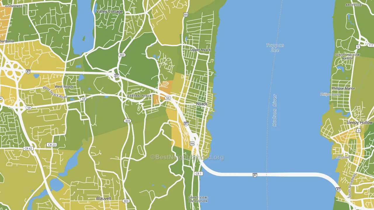 Map of the best neighborhoods in the 10960 area, with better matches in green and worse matches in red