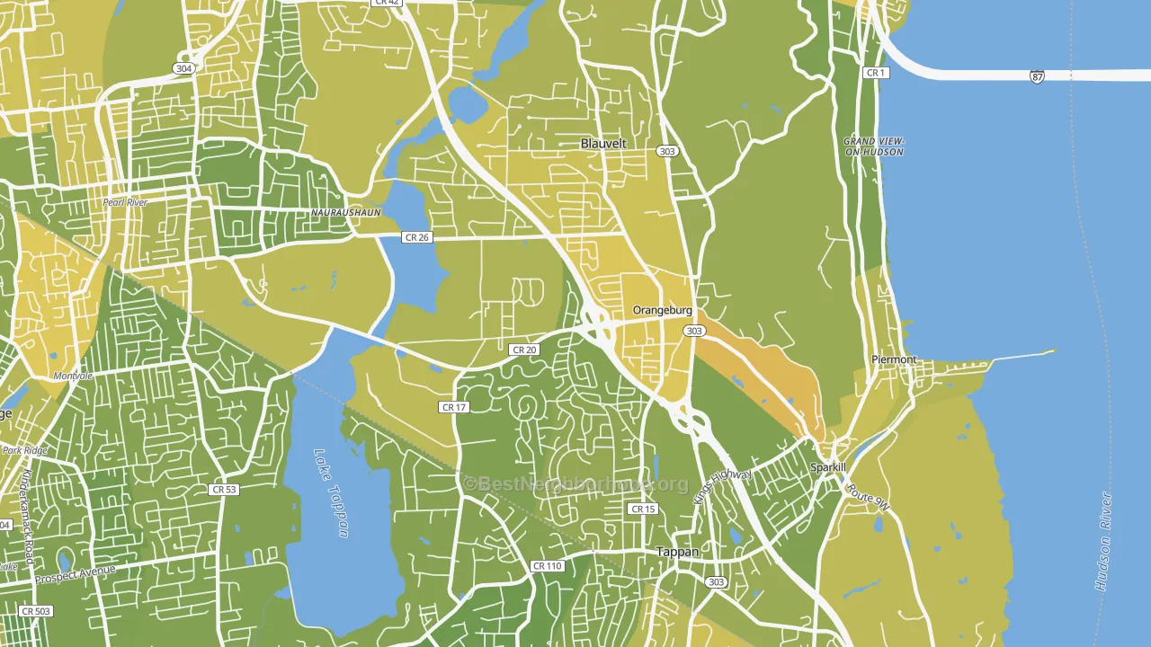 Map of the best neighborhoods in the 10962 area, with better matches in green and worse matches in red
