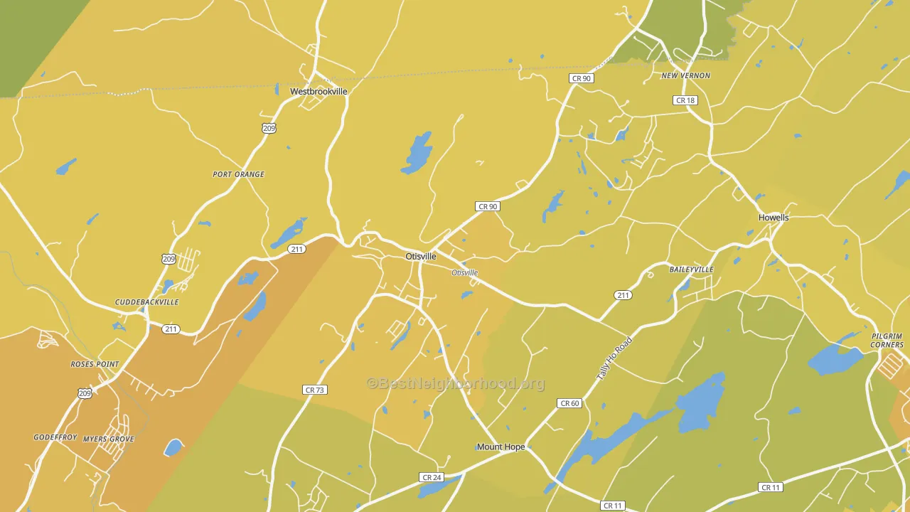 Map of the best neighborhoods in the 10963 area, with better matches in green and worse matches in red