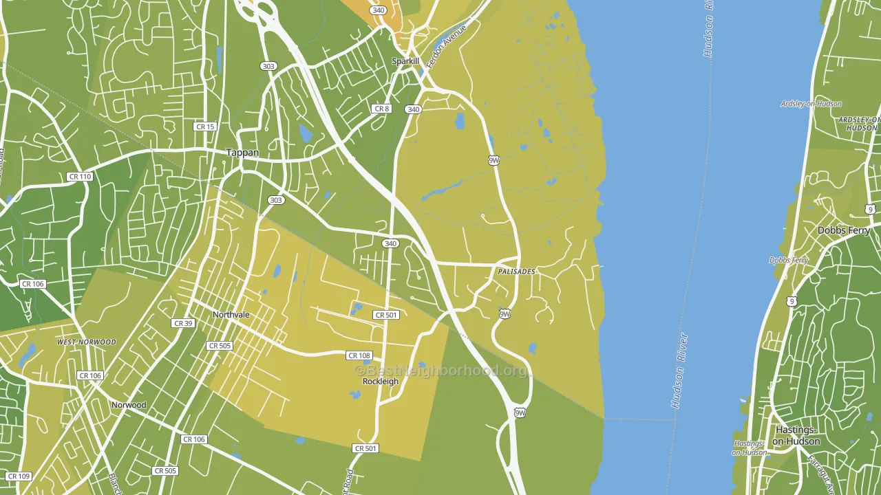 Map of the best neighborhoods in the 10964 area, with better matches in green and worse matches in red
