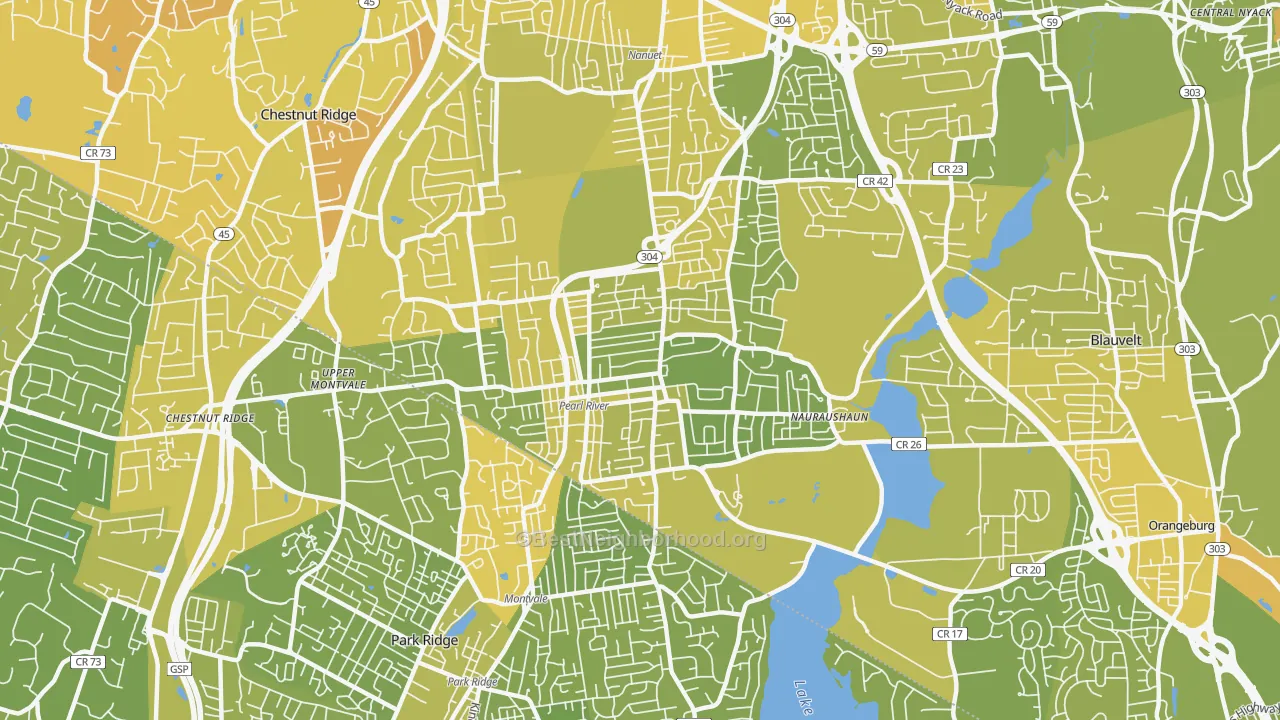 Map of the best neighborhoods in the 10965 area, with better matches in green and worse matches in red