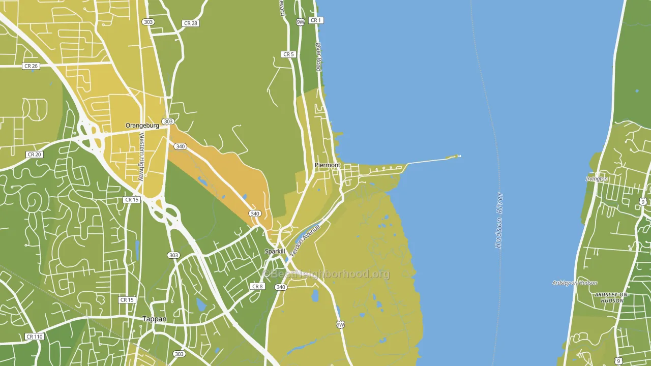 Map of the best neighborhoods in the 10968 area, with better matches in green and worse matches in red