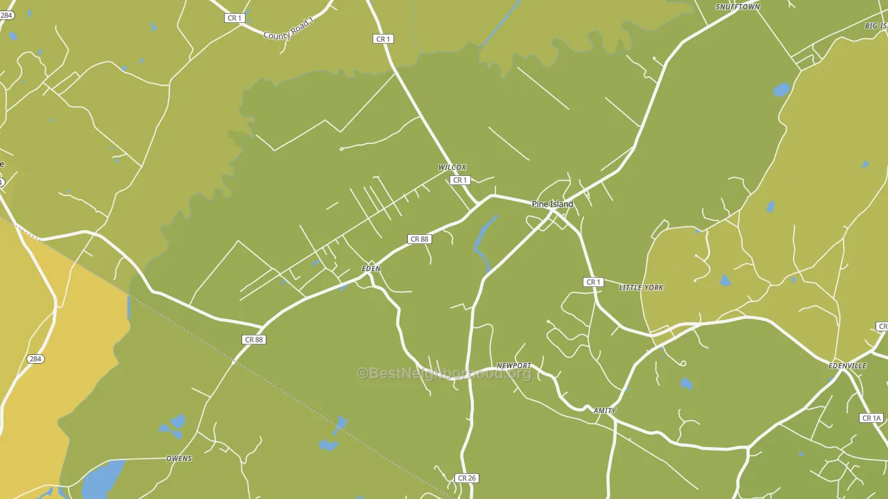 Map of the best neighborhoods in the 10969 area, with better matches in green and worse matches in red
