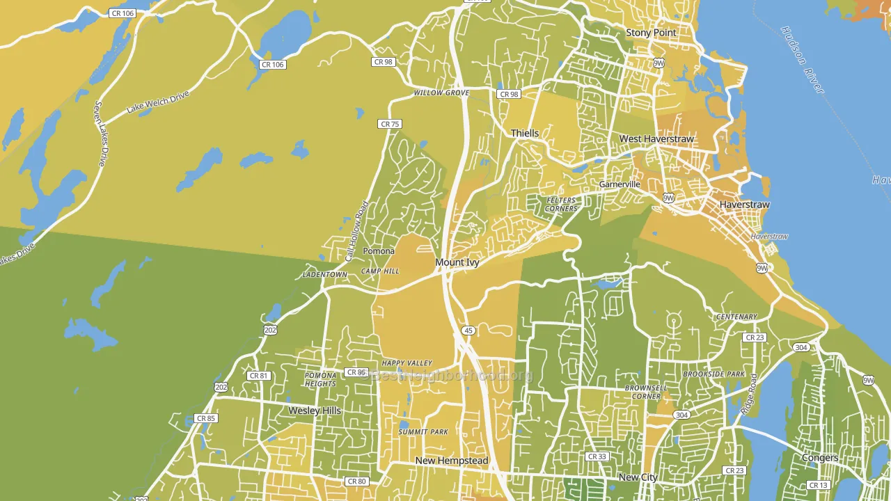 Map of the best neighborhoods in the 10970 area, with better matches in green and worse matches in red