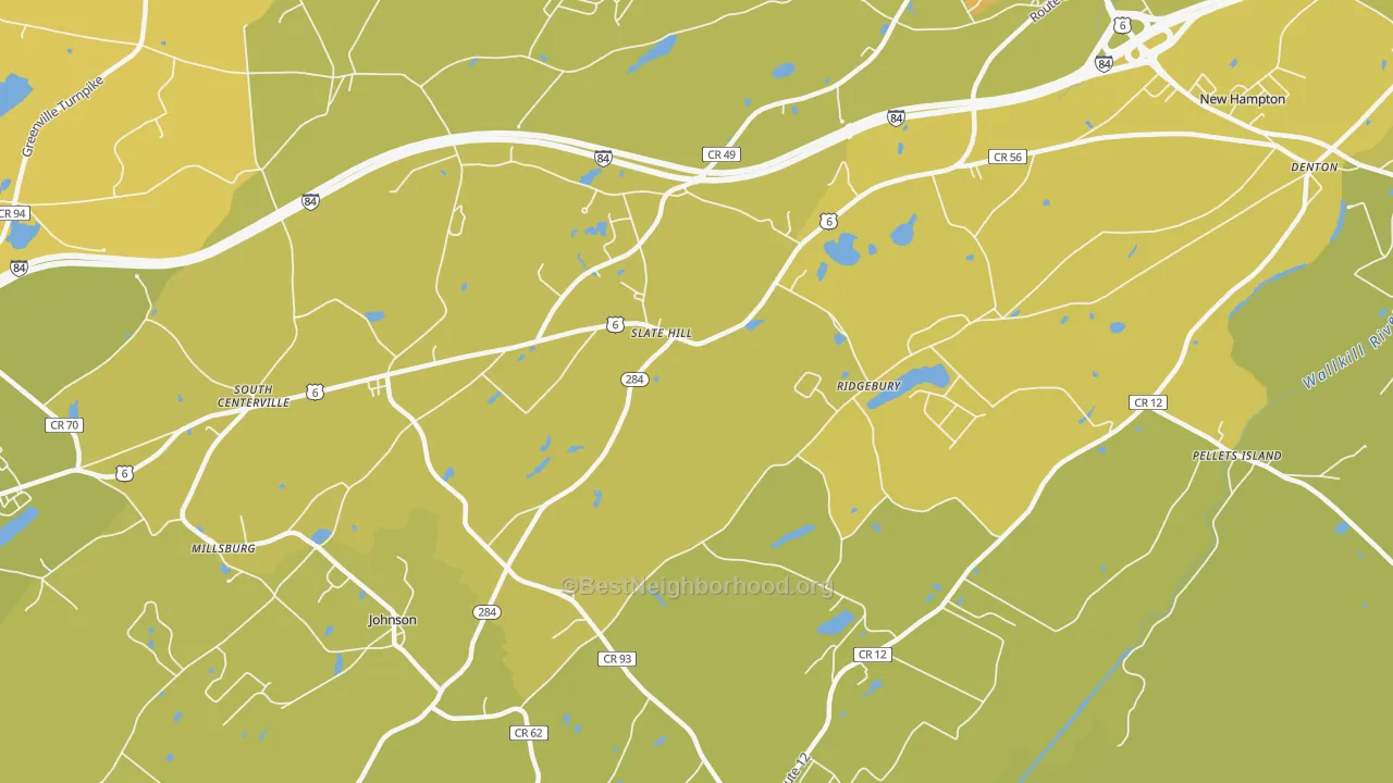 Map of the best neighborhoods in the 10973 area, with better matches in green and worse matches in red