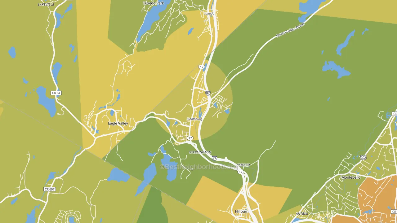 Map of the best neighborhoods in the 10974 area, with better matches in green and worse matches in red