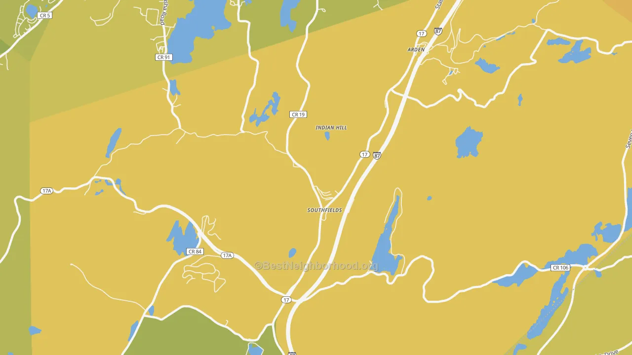 Map of the best neighborhoods in the 10975 area, with better matches in green and worse matches in red