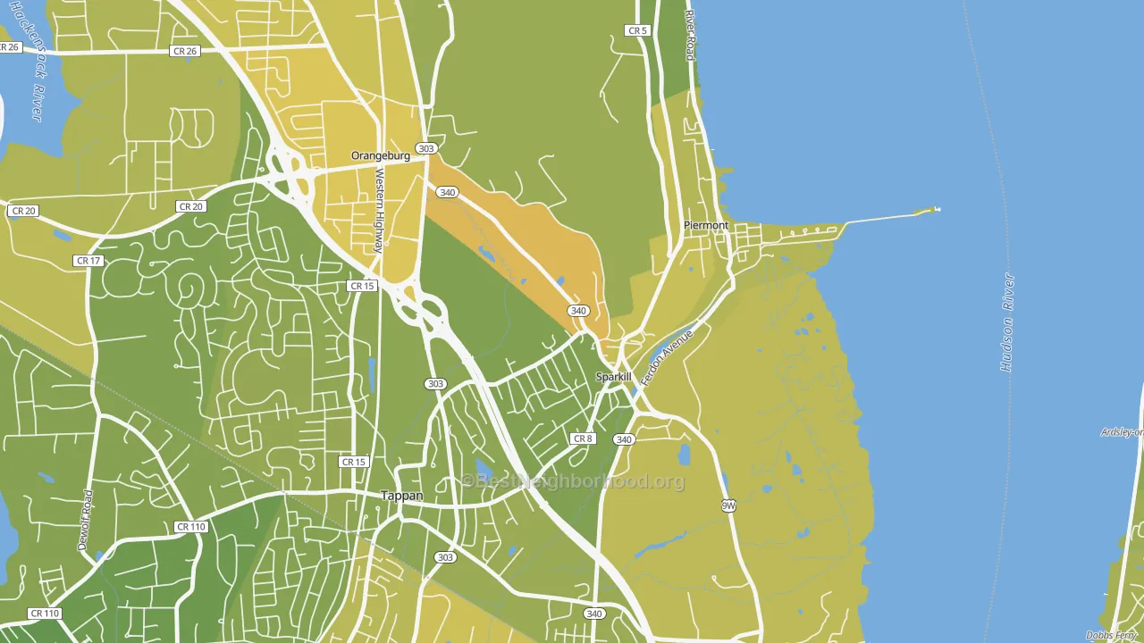 Map of the best neighborhoods in the 10976 area, with better matches in green and worse matches in red