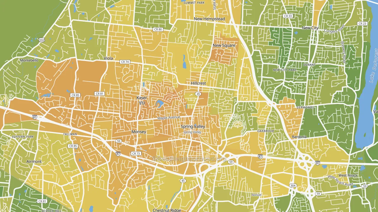 Map of the best neighborhoods in the 10977 area, with better matches in green and worse matches in red