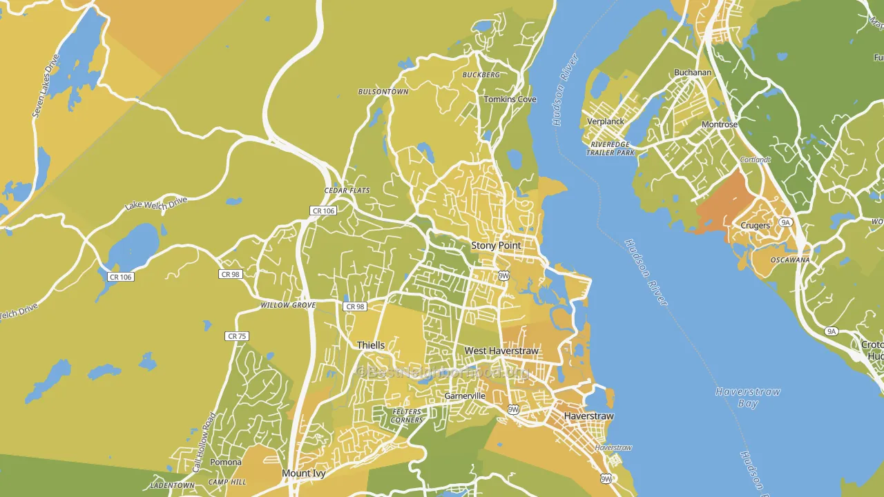 Map of the best neighborhoods in the 10980 area, with better matches in green and worse matches in red