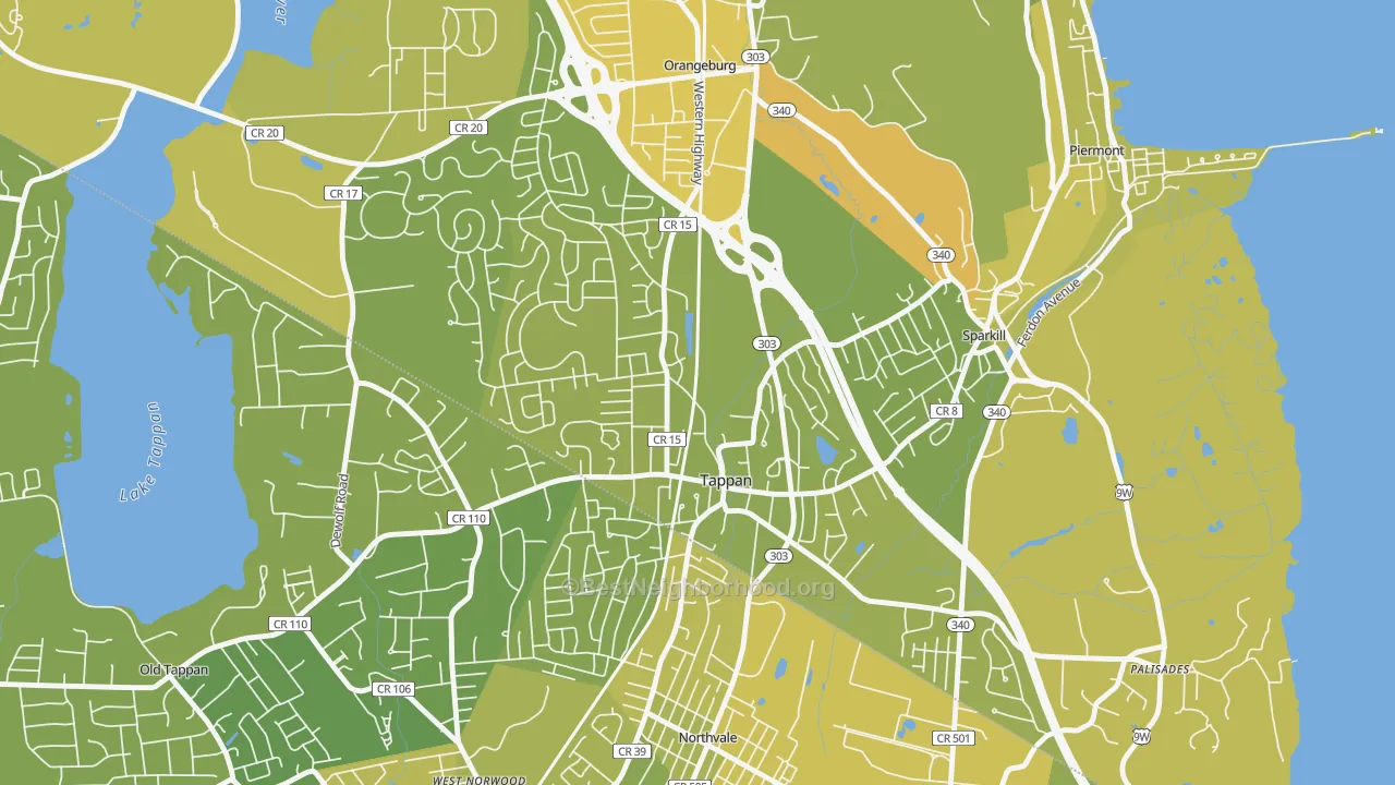 Map of the best neighborhoods in the 10983 area, with better matches in green and worse matches in red