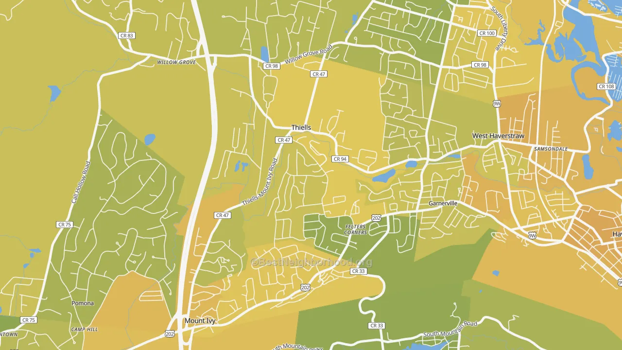 Map of the best neighborhoods in the 10984 area, with better matches in green and worse matches in red