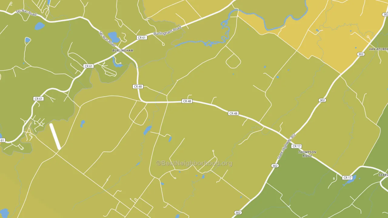 Map of the best neighborhoods in the 10985 area, with better matches in green and worse matches in red