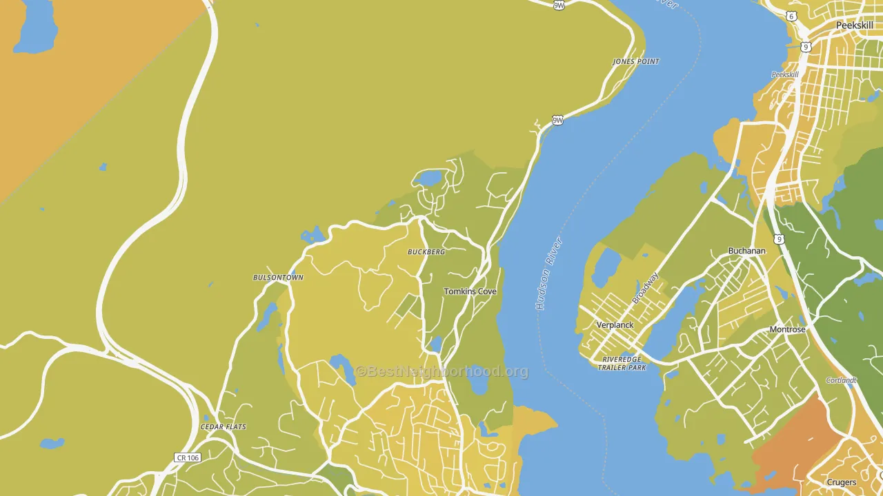 Map of the best neighborhoods in the 10986 area, with better matches in green and worse matches in red