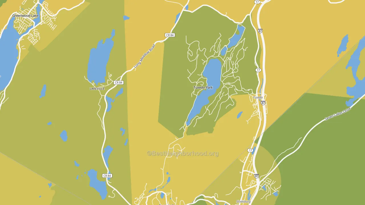 Map of the best neighborhoods in the 10987 area, with better matches in green and worse matches in red